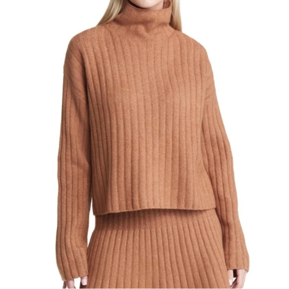 Open Edit Cotton Blend Rib Turtleneck Sweater In Brown Toffee
